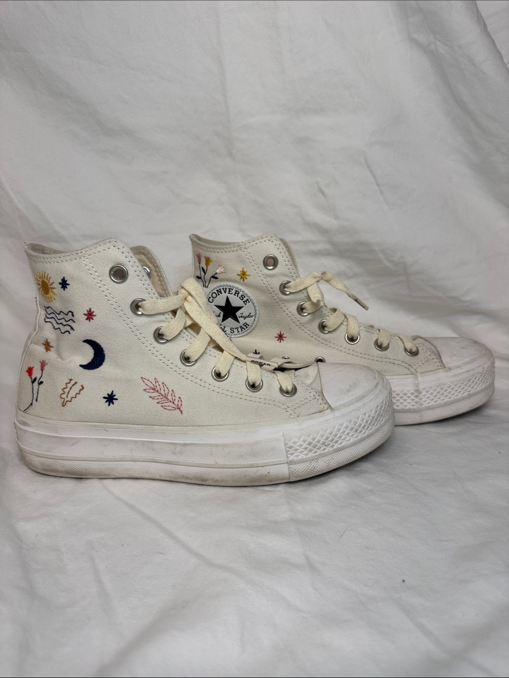 Converse White High Top Sneakers with Multicolor Embroidery